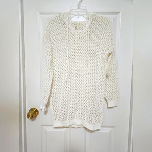 Nicole Miller Artelier Crochet Drawstring Hoodie Pullover Sweater Hallow Knitted